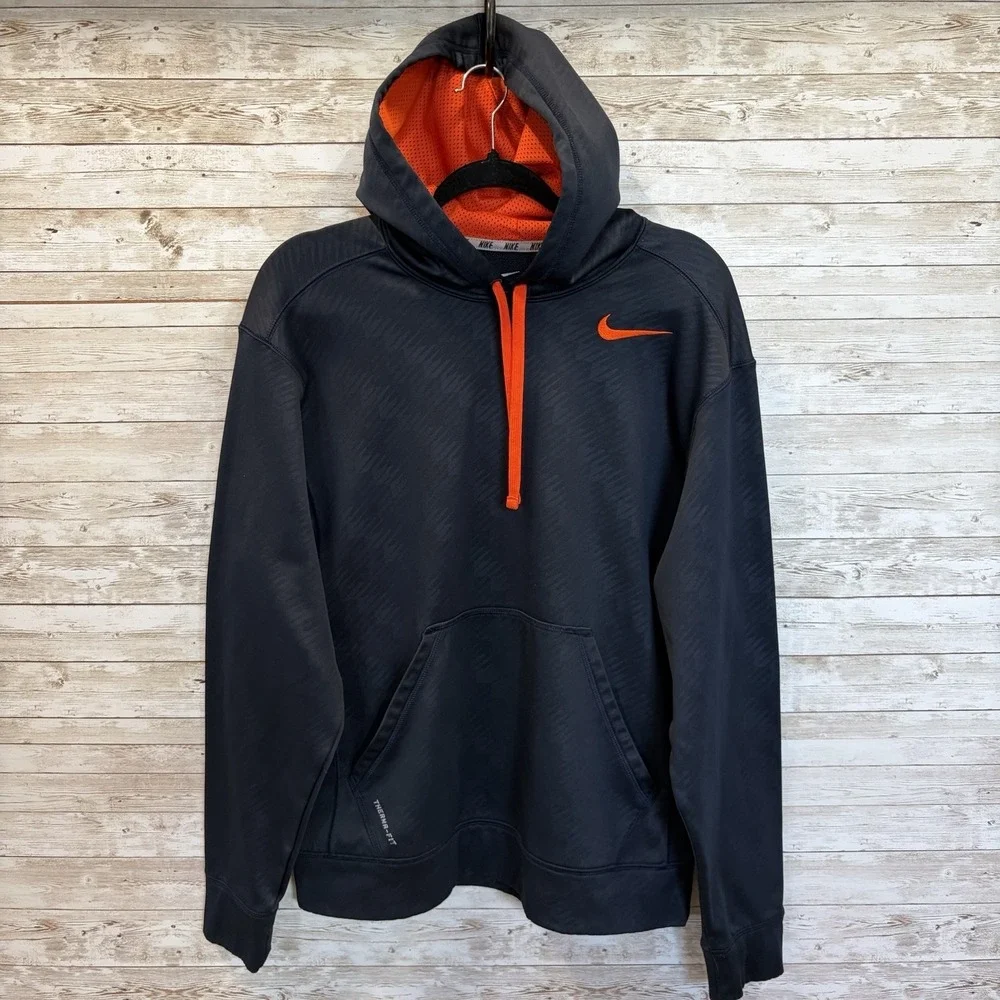 Nike Mens‎ M Hoodie Therma Fit Navy Blue Pullover Sweatshirt Orange Swoosh Logo